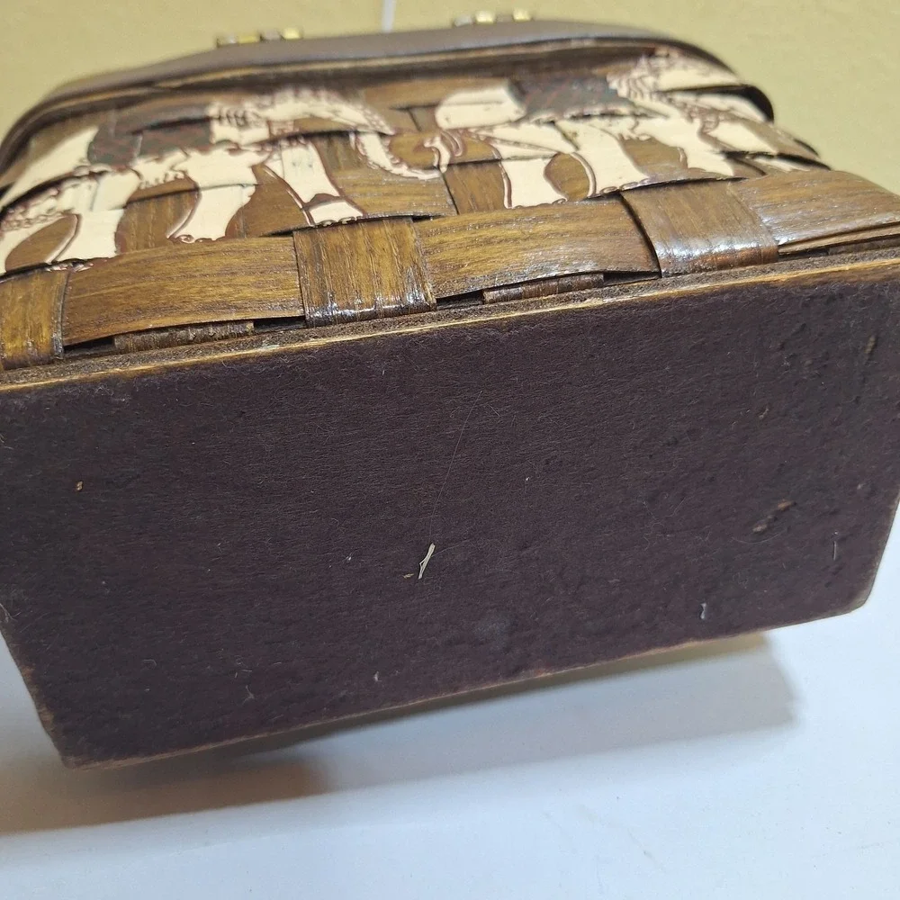 Vintage Caro-Nan Style Woven Wood Basket Purse Elephant Box Handbag Wooden Picni